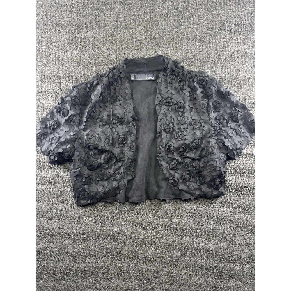 Chetta B Women's Size Black Cropped Floral Jacket shrug  Open  Short Sleeve Med.